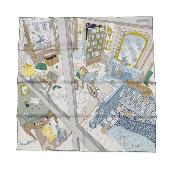 HERMES Scarf Carre Mystery at 24 Silk 100% Gris Pale/Vert/Jaune - Picture 1 of 5